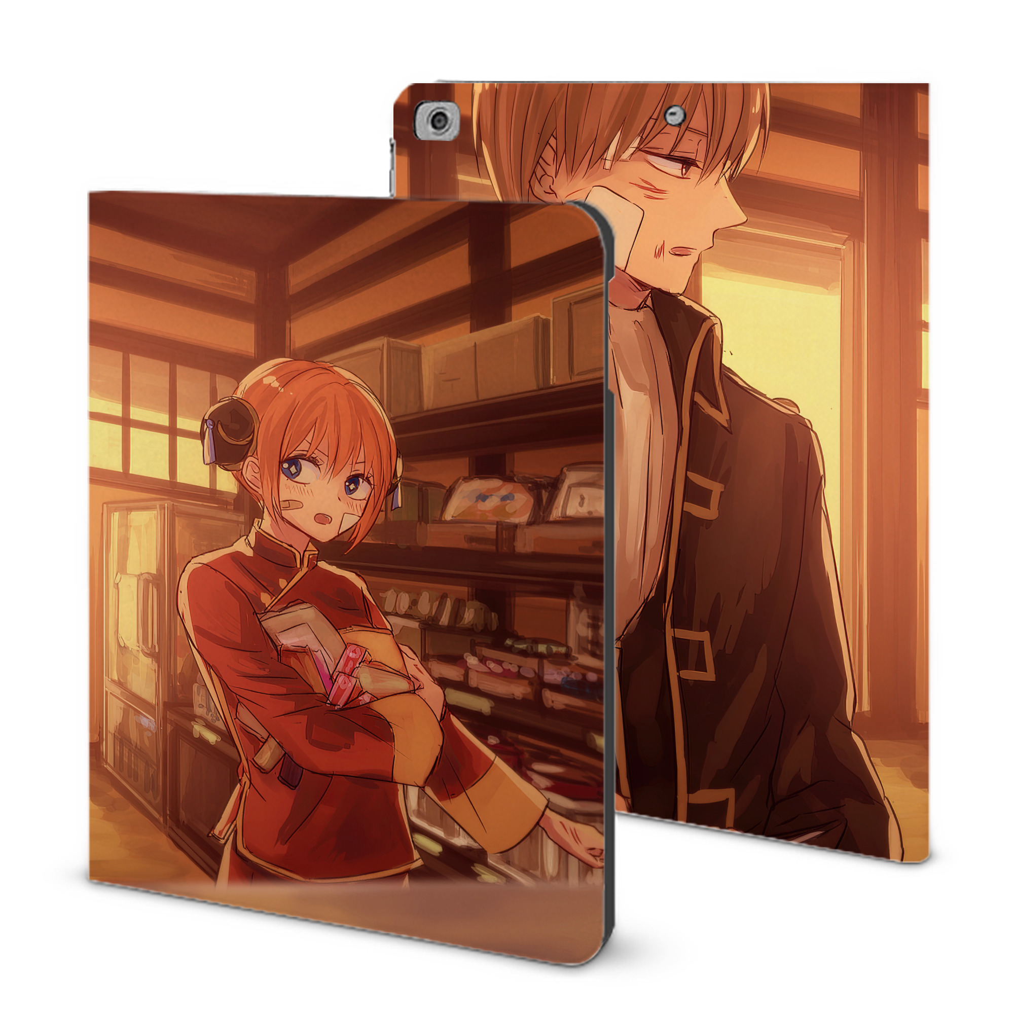ぎんたま 坂田銀時（さかたぎんとき） 神楽 志村新八（しむら しんぱち） GINTAMA Sakata Gintoki Kagura Shimura Shinpachi IPad ケース ブック型 PUレザー TPU 耐衝撃 軽量 薄型 ペン収納なし 全面保護 IPad 各モデル対応